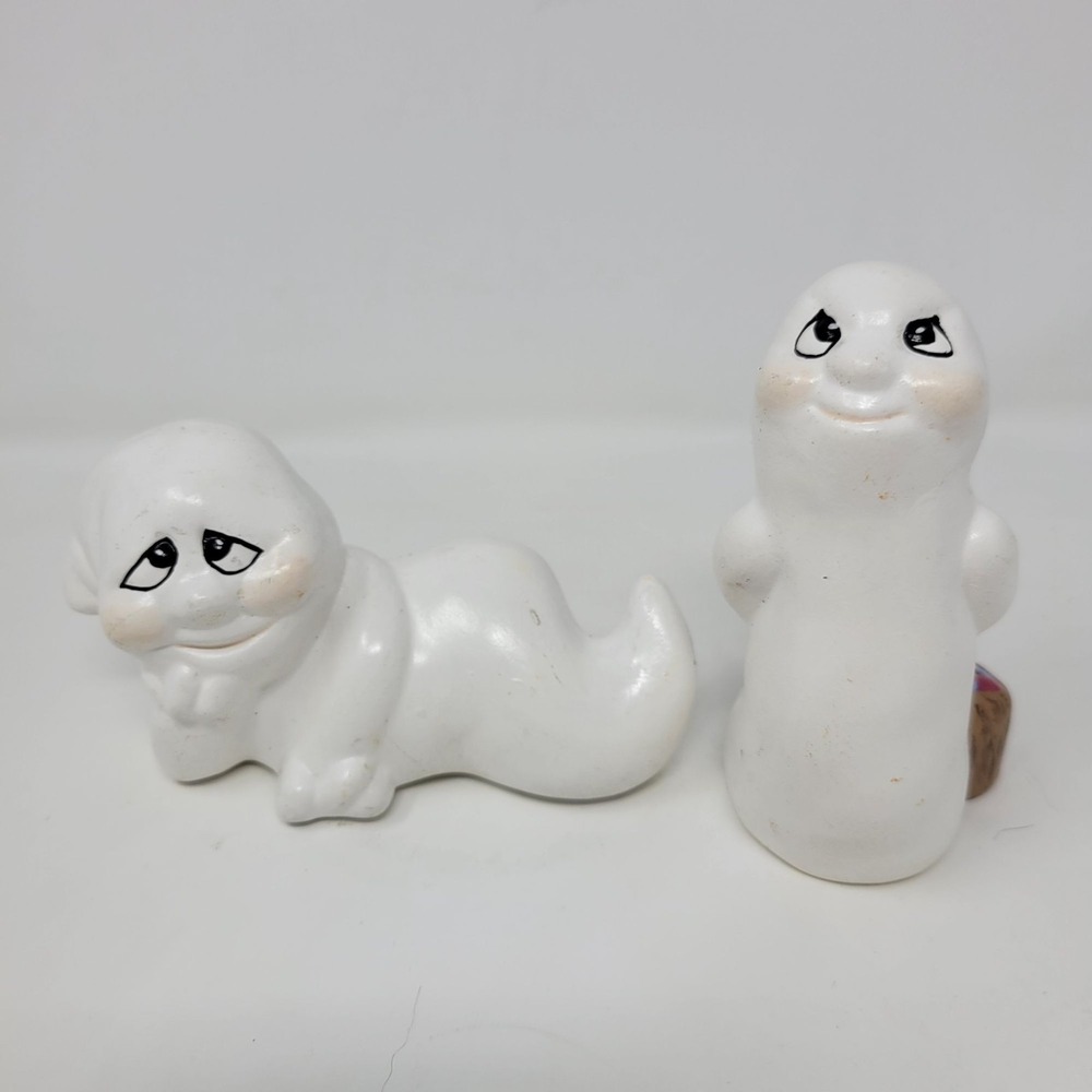 Small Vintage Ceramic Ghost‎ Figurines Set Of 2 With Jelly Bean Bag